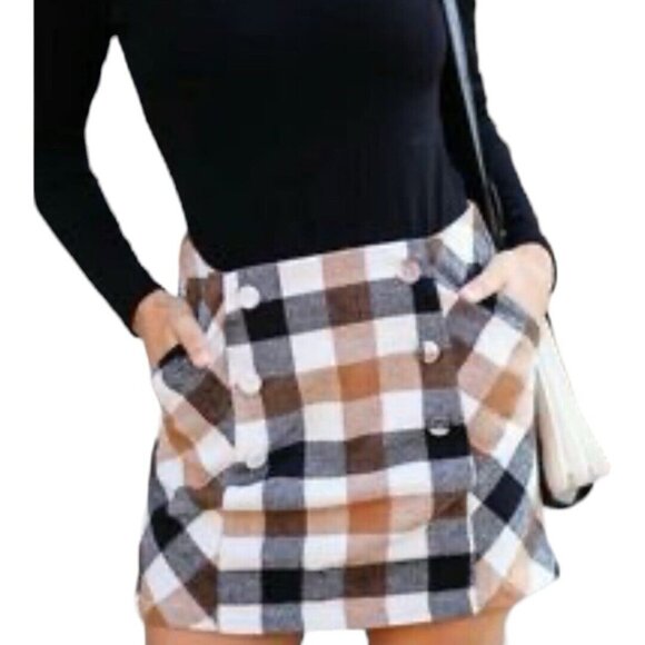 Forever 21 Skirt Womens Small Brown Plaid Mini Pockets Button Front Business - Picture 2 of 13